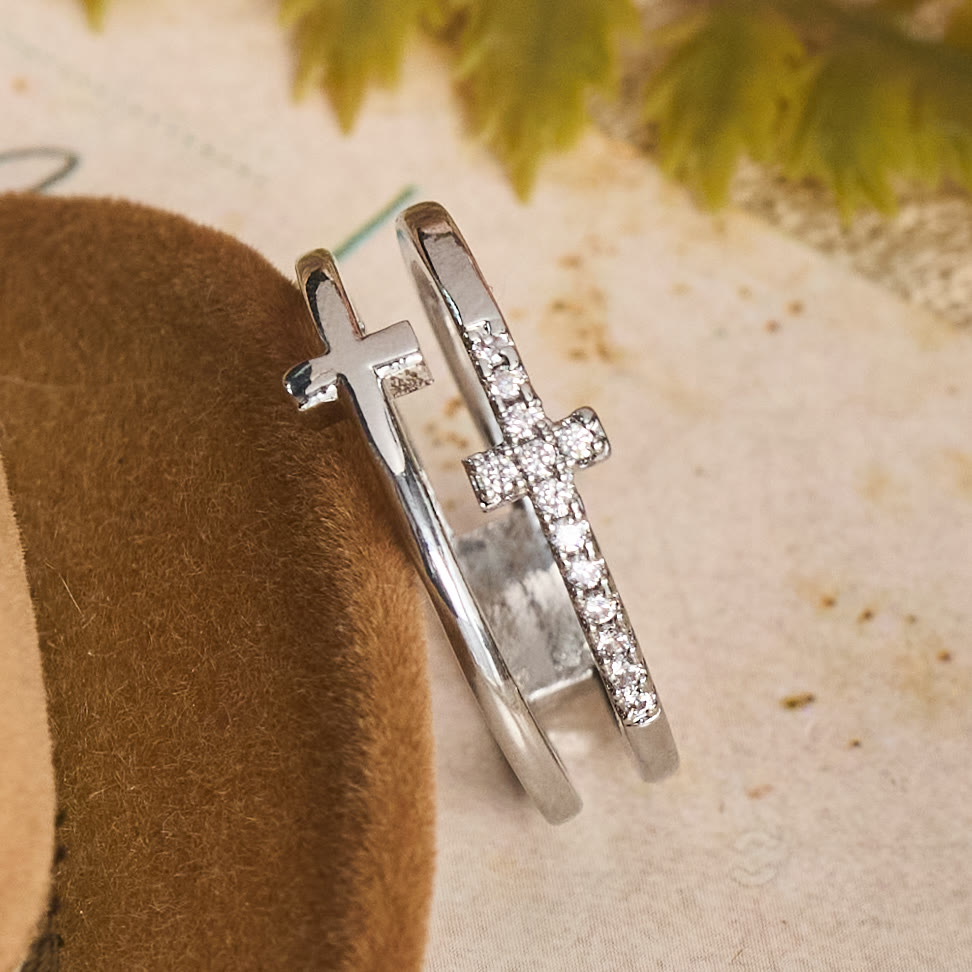 Elegant Dual Band Cross Finger Ring: Symbol Of Calm Everlasting Grace