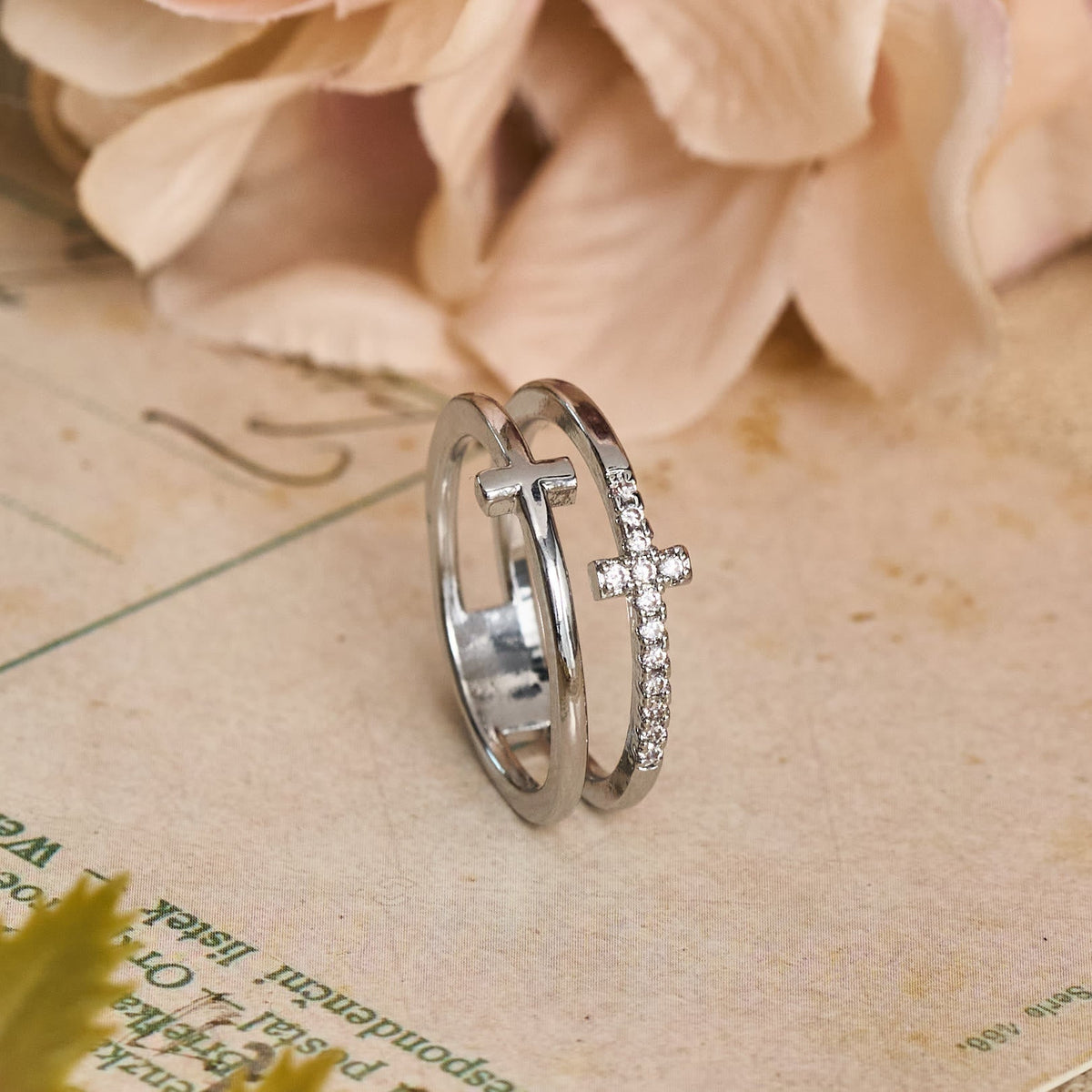 Elegant Dual Band Cross Finger Ring: Symbol Of Calm Everlasting Grace