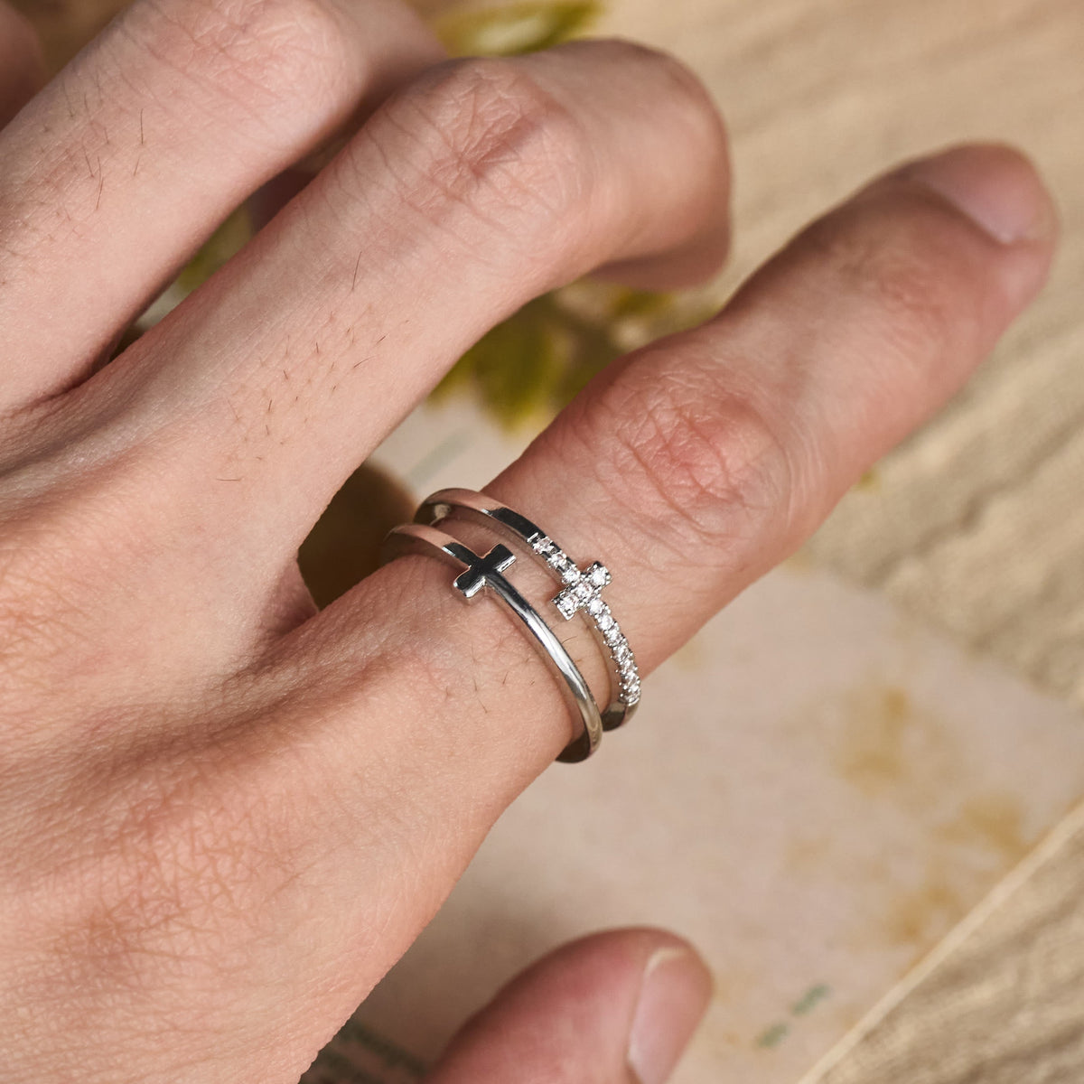 Elegant Dual Band Cross Finger Ring: Symbol Of Calm Everlasting Grace