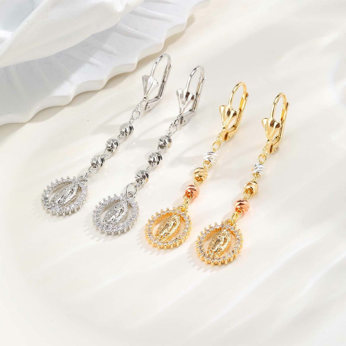 Engraved Our Lady Portrait Drop Earrings: Symbol Of Calm Everlasting Peace