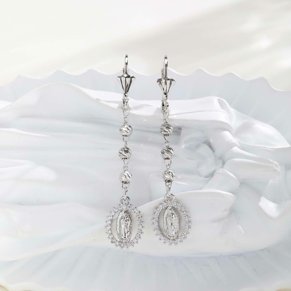 Engraved Our Lady Portrait Drop Earrings: Symbol Of Calm Everlasting Peace