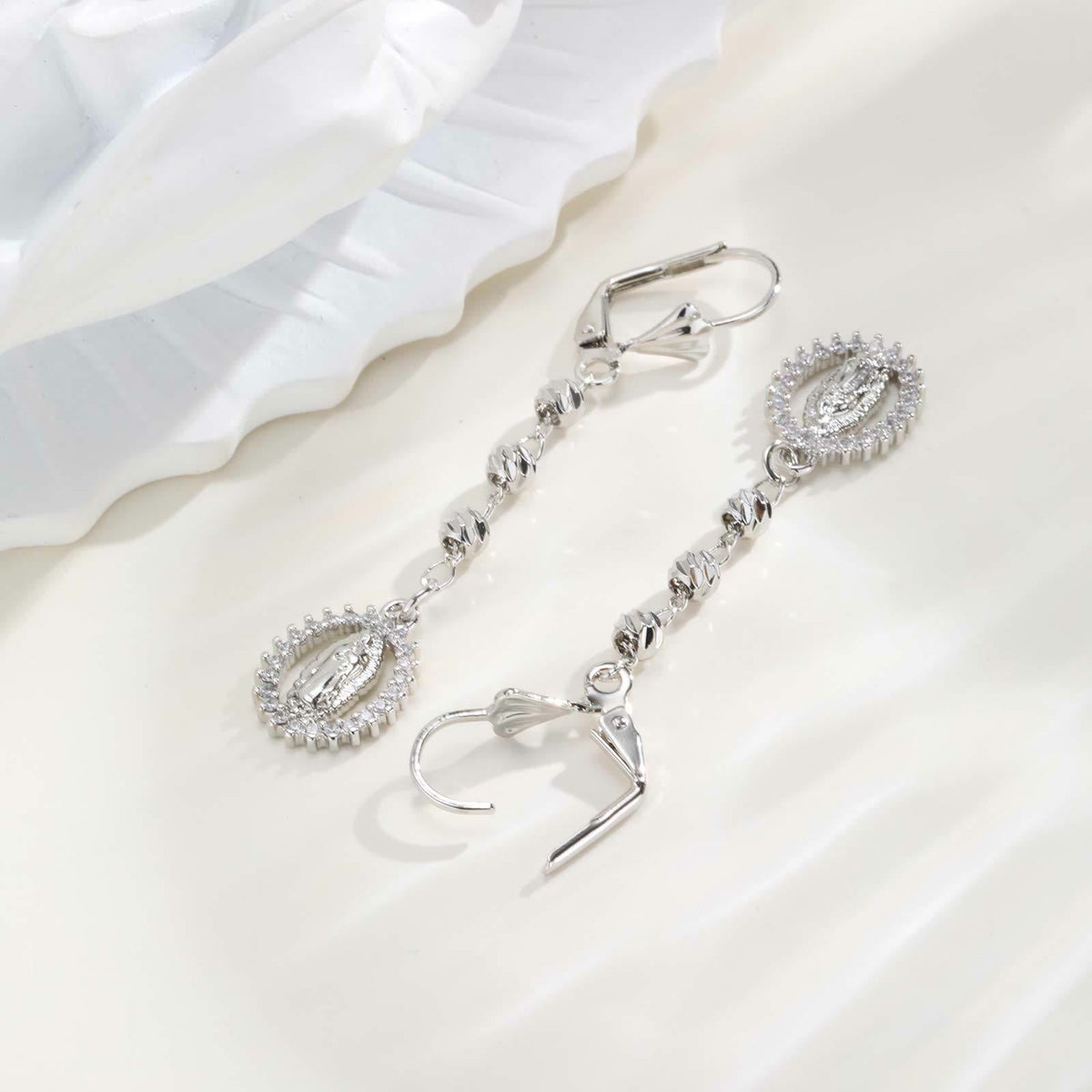 Engraved Our Lady Portrait Drop Earrings: Symbol Of Calm Everlasting Peace