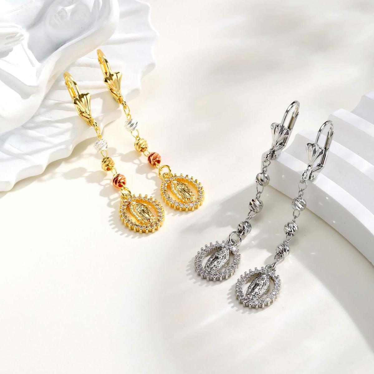Engraved Our Lady Portrait Drop Earrings: Symbol Of Calm Everlasting Peace