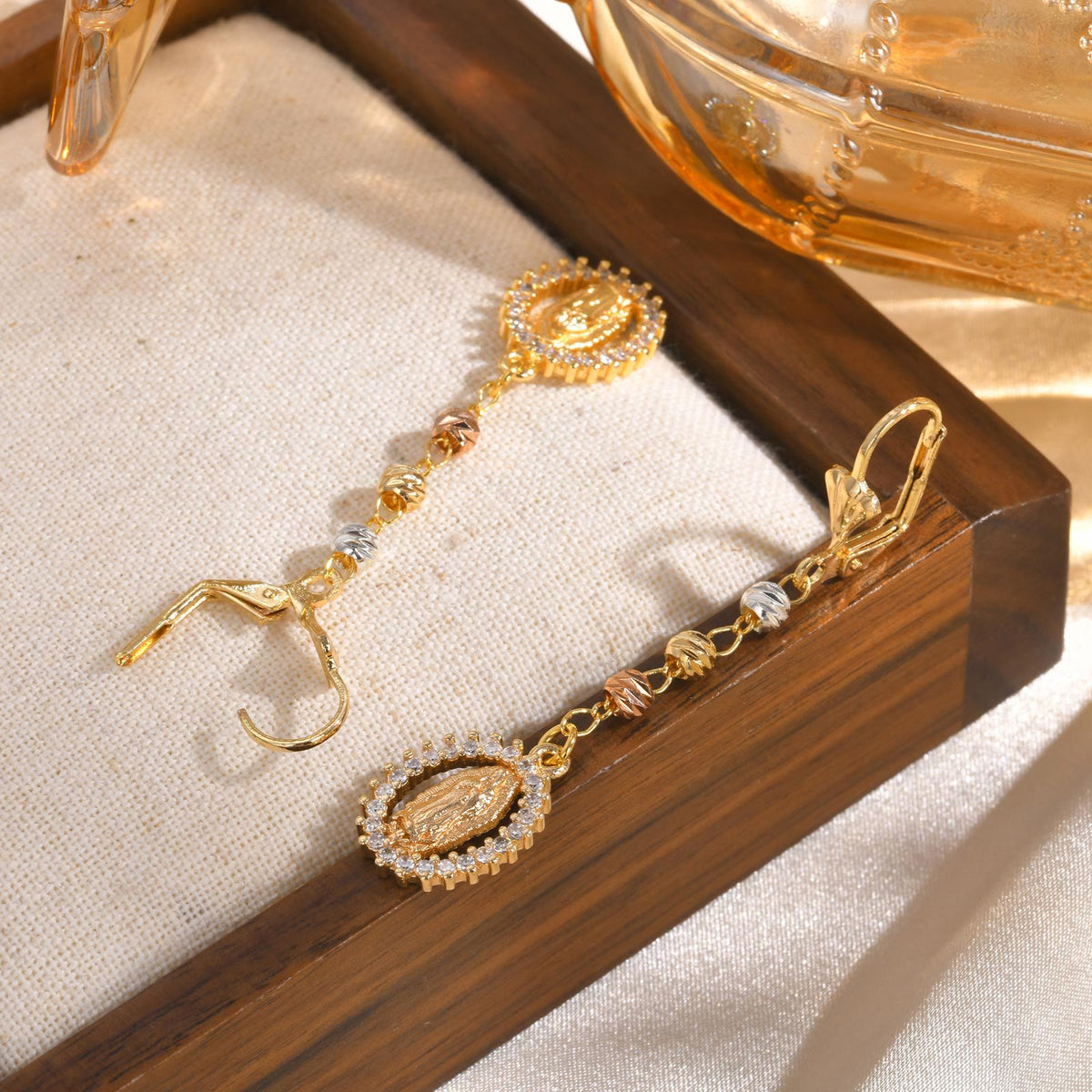 Engraved Our Lady Portrait Drop Earrings: Symbol Of Calm Everlasting Peace