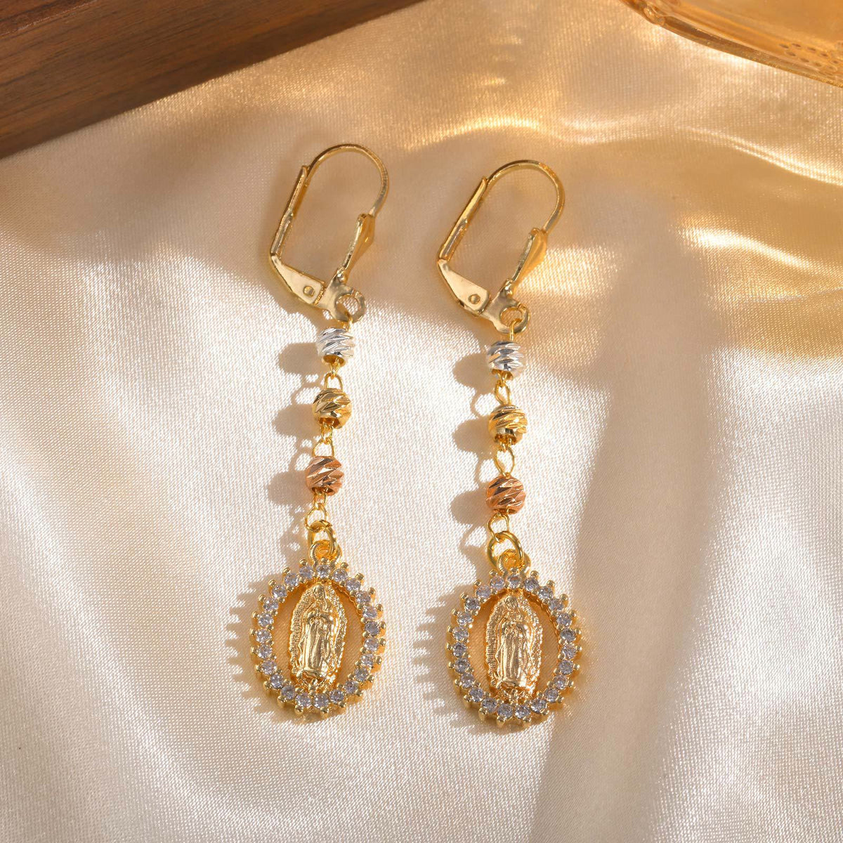 Engraved Our Lady Portrait Drop Earrings: Symbol Of Calm Everlasting Peace