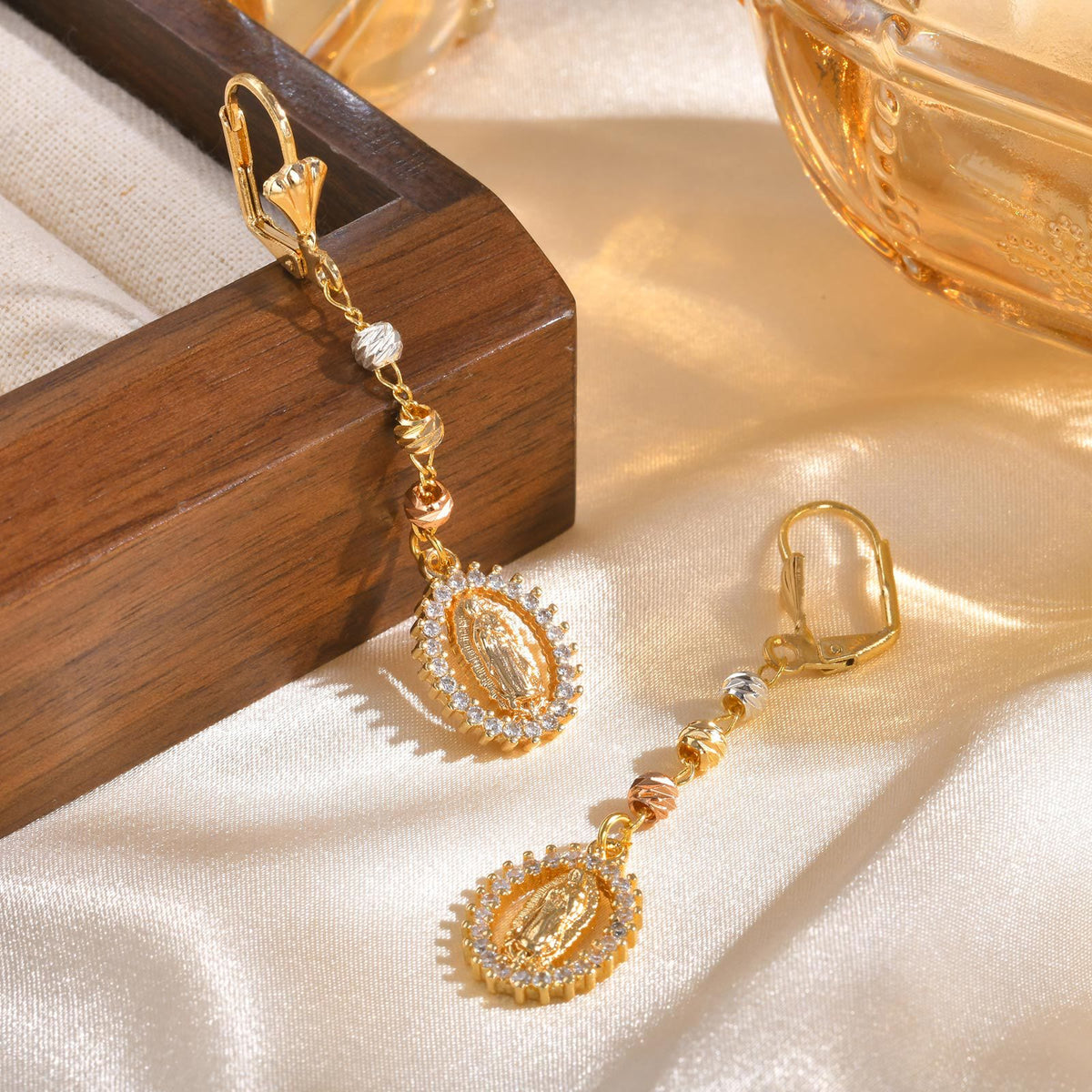 Engraved Our Lady Portrait Drop Earrings: Symbol Of Calm Everlasting Peace