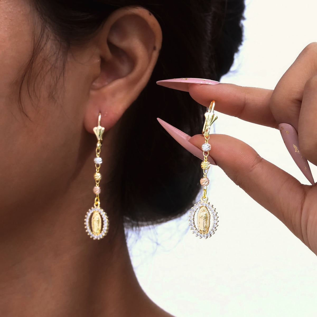 Engraved Our Lady Portrait Drop Earrings: Symbol Of Calm Everlasting Peace