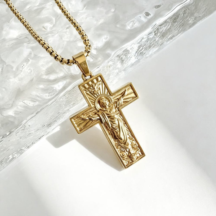 Polished Radiant Halo Crucifix Pendant Necklace: Token Of Everlasting Divine Grace