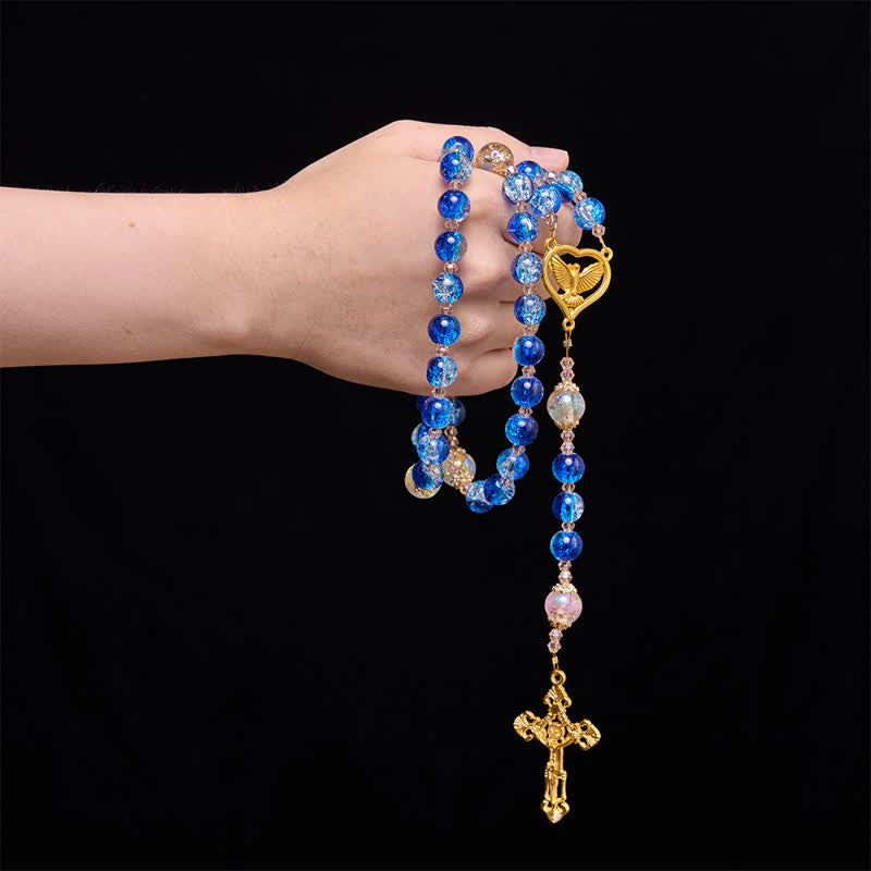 Ocean Blue Crackle Glass Holy Spirit Rosary: Sign of Quiet Heavenly Blessing