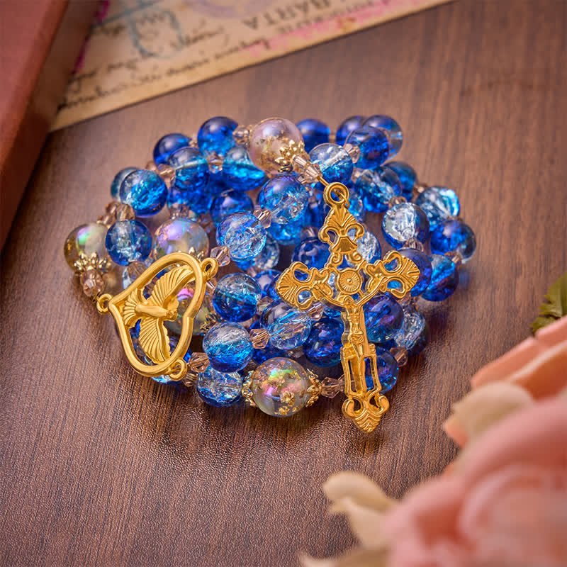 Ocean Blue Crackle Glass Holy Spirit Rosary: Sign of Quiet Heavenly Blessing