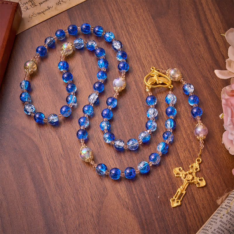 Ocean Blue Crackle Glass Holy Spirit Rosary: Sign of Quiet Heavenly Blessing