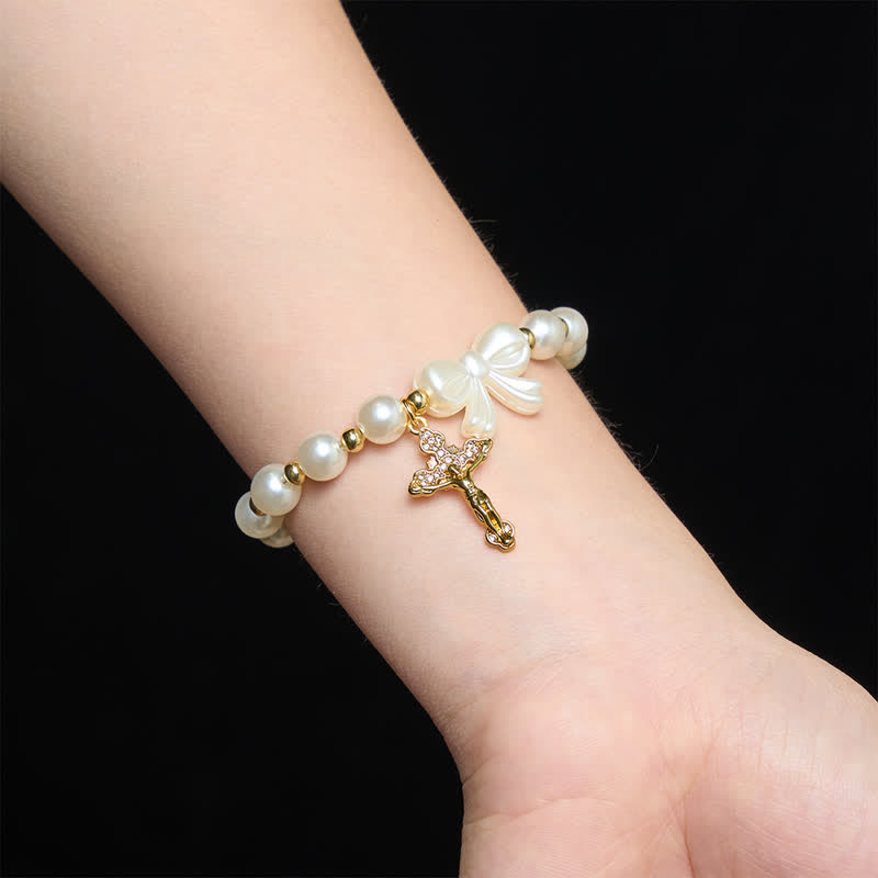 White Beaded Bow Rosary Bracelet With Jeweled Crucifix: Emblem of Sweet Heavenly Grace