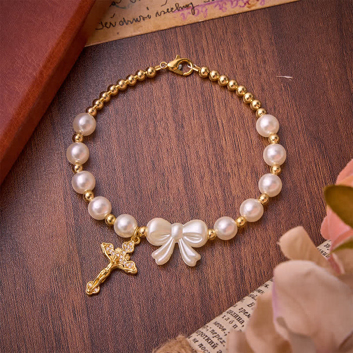 White Beaded Bow Rosary Bracelet With Jeweled Crucifix: Emblem of Sweet Heavenly Grace