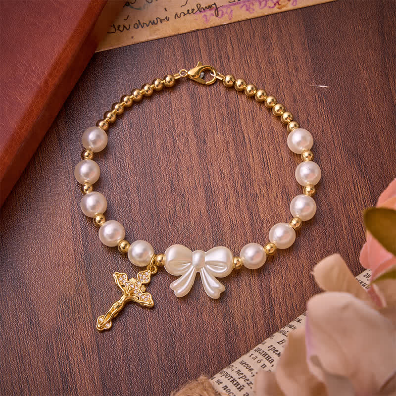 White Beaded Bow Rosary Bracelet With Jeweled Crucifix: Emblem of Sweet Heavenly Grace