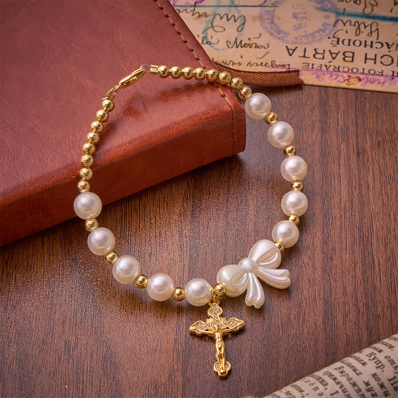 White Beaded Bow Rosary Bracelet With Jeweled Crucifix: Emblem of Sweet Heavenly Grace