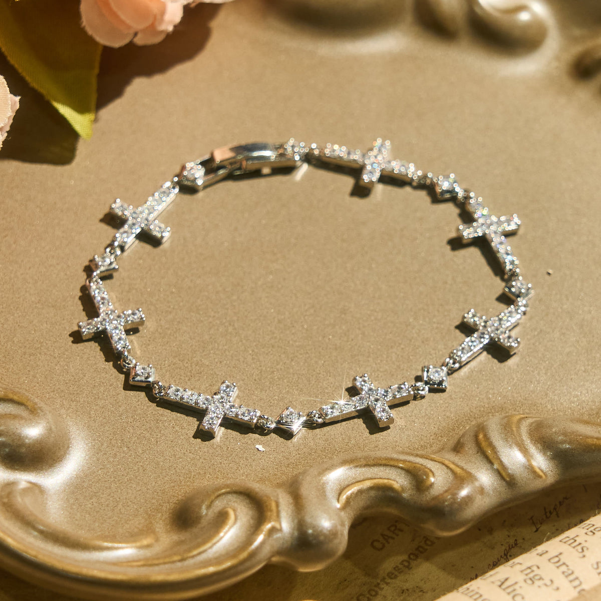 Sequential Crystal Cross Chain Bracelet: Token Of Unbroken Divine Shelter