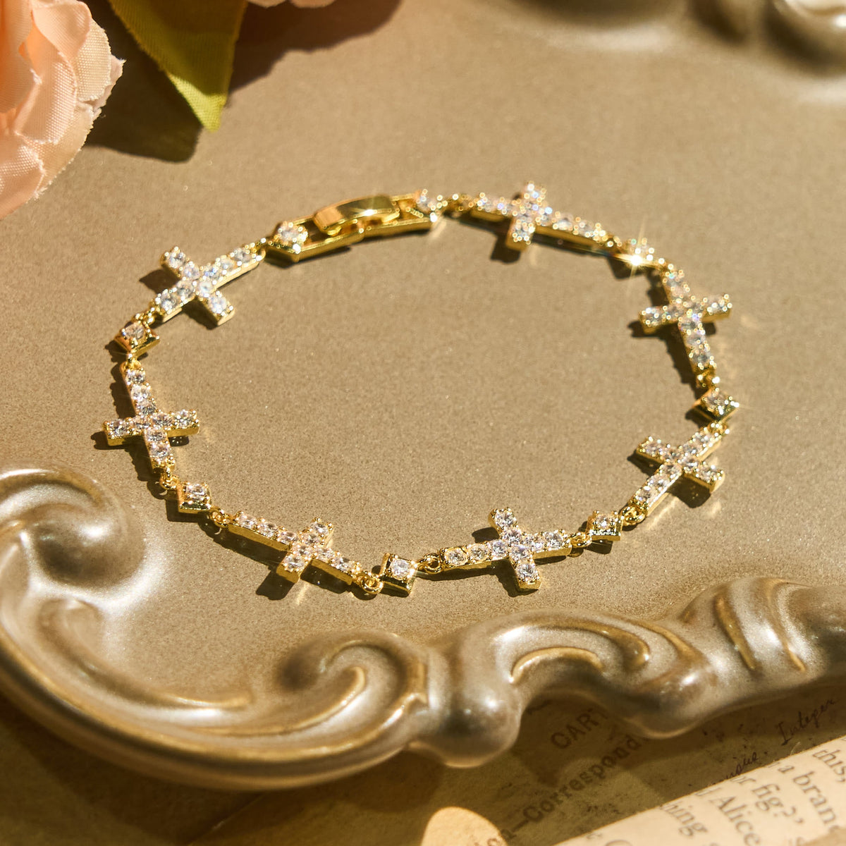 Sequential Crystal Cross Chain Bracelet: Token Of Unbroken Divine Shelter