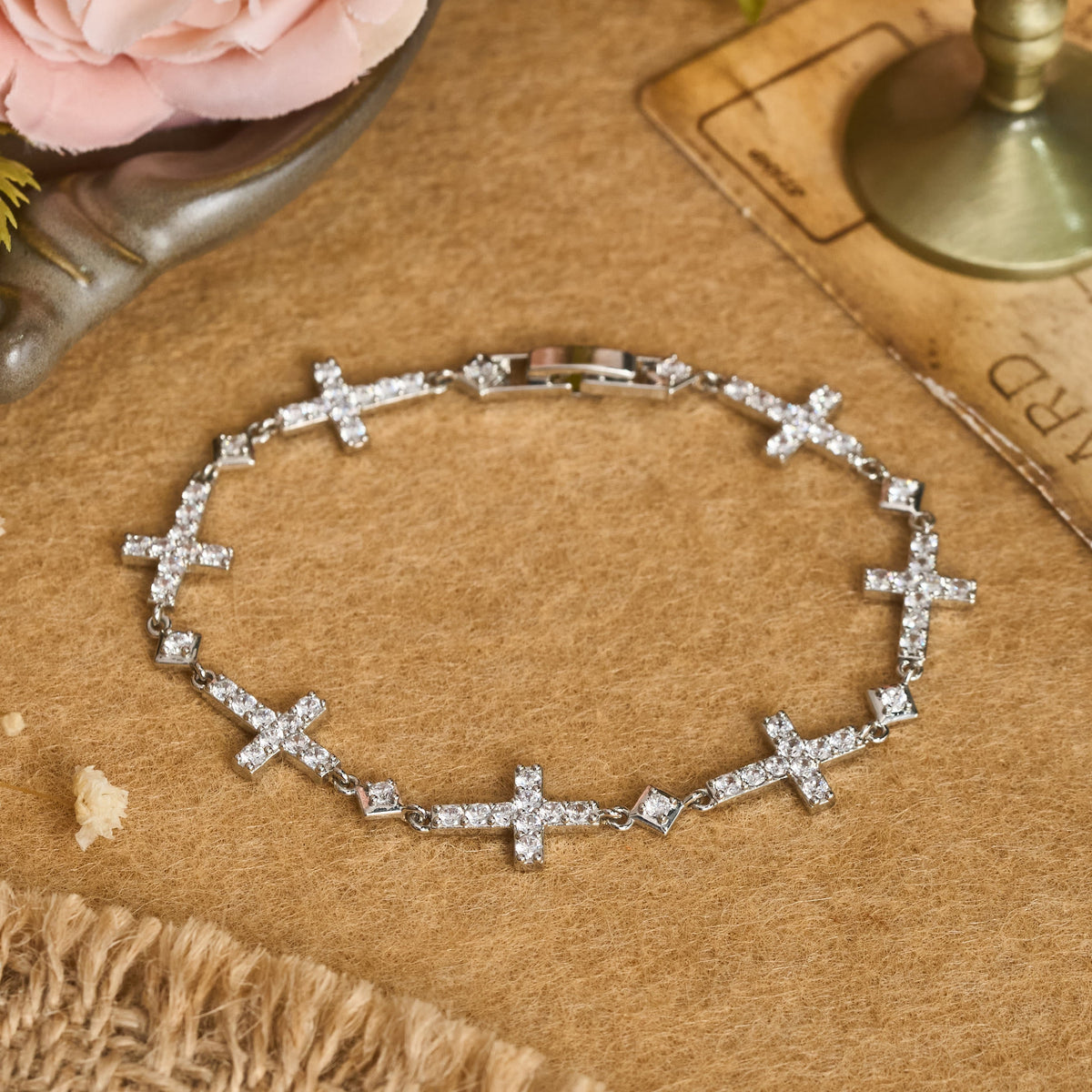 Sequential Crystal Cross Chain Bracelet: Token Of Unbroken Divine Shelter