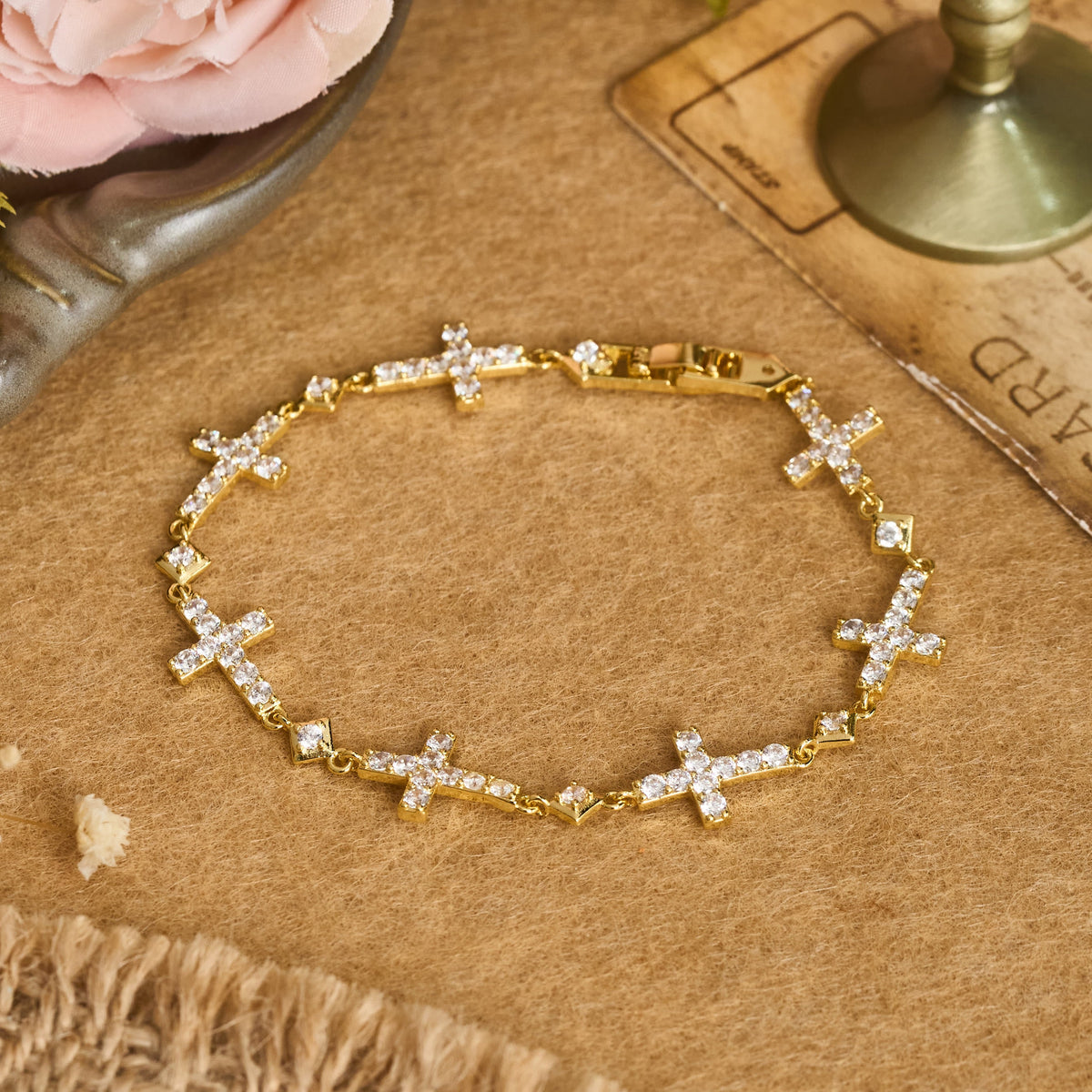 Sequential Crystal Cross Chain Bracelet: Token Of Unbroken Divine Shelter