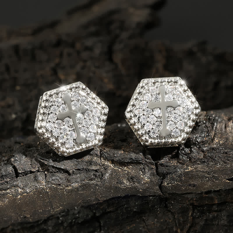 Minimal Sacred Hexagon Cross Stud Earrings: Sign Of Soft Timeless Sacred Solace