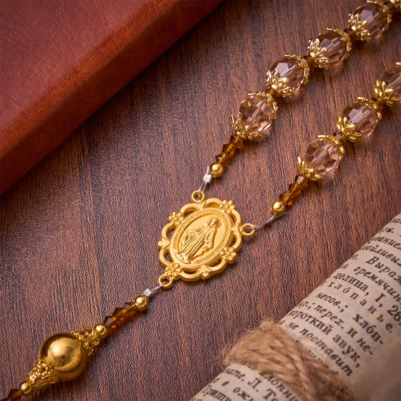 Amber Taupe Faceted Our Lady Rosary With Carved Crucifix: Keepsake for Sacred Milestone Ceremonies