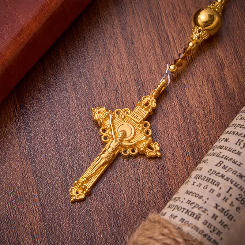 Amber Taupe Faceted Our Lady Rosary With Carved Crucifix: Keepsake for Sacred Milestone Ceremonies