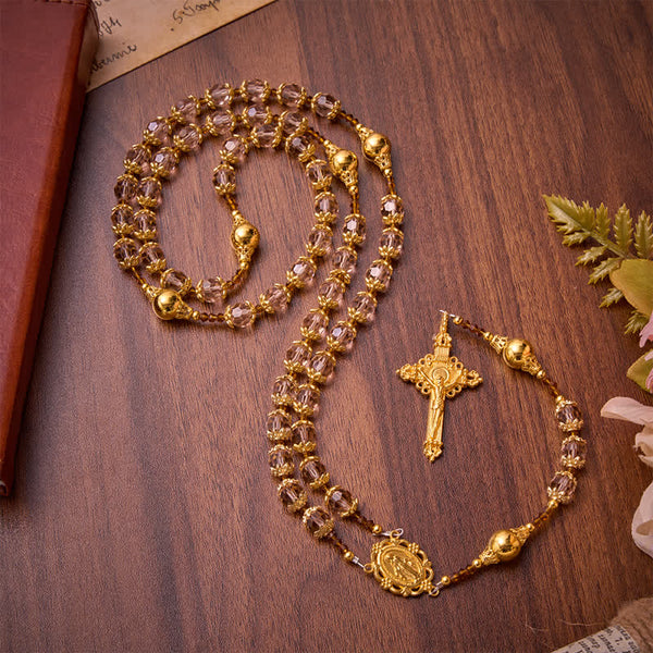 Amber Taupe Faceted Our Lady Rosary With Carved Crucifix: Keepsake for Sacred Milestone Ceremonies