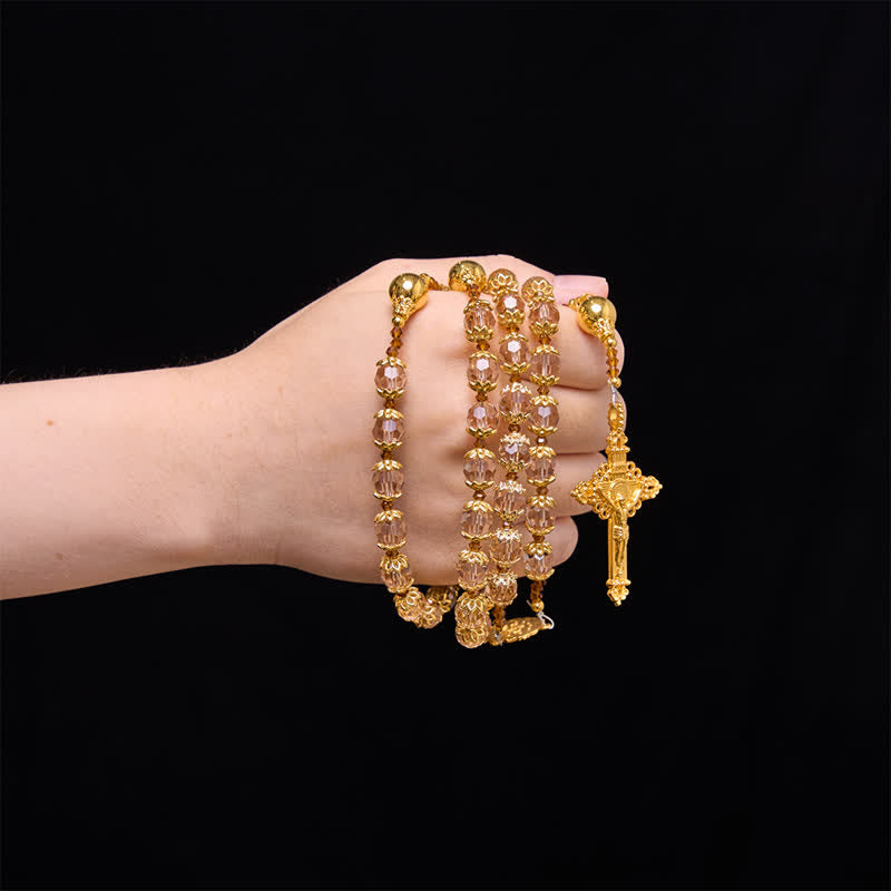 Amber Taupe Faceted Our Lady Rosary With Carved Crucifix: Keepsake for Sacred Milestone Ceremonies
