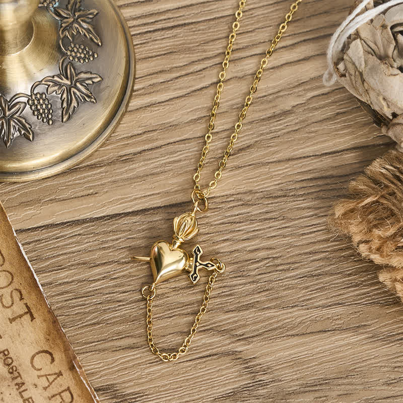 Sculpted Sacred Heart With Dagger Necklace: Symbol Of Calm Everlasting Peace