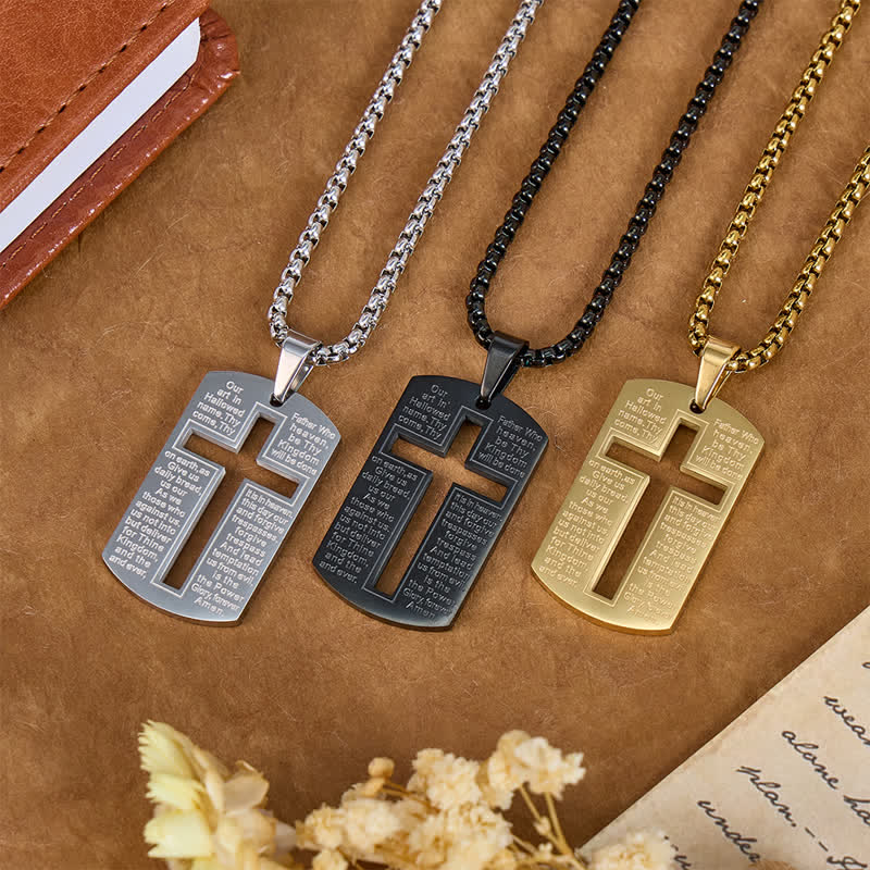 Hollow Cutout Cross Scripture Dog Tag Necklace: Token of Divine Shelter