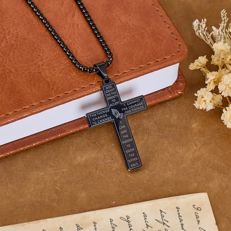 Engraved Praying Hands Serenity Prayer Cross Necklace: Token of Divine Shelter