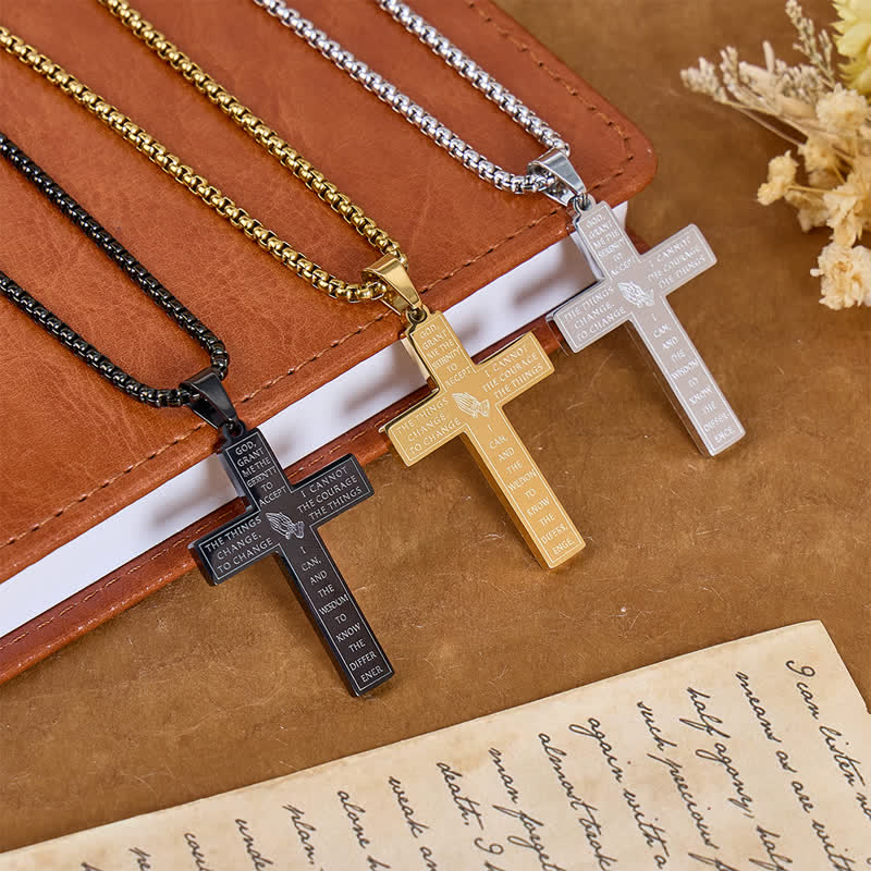 Engraved Praying Hands Serenity Prayer Cross Necklace: Token of Divine Shelter