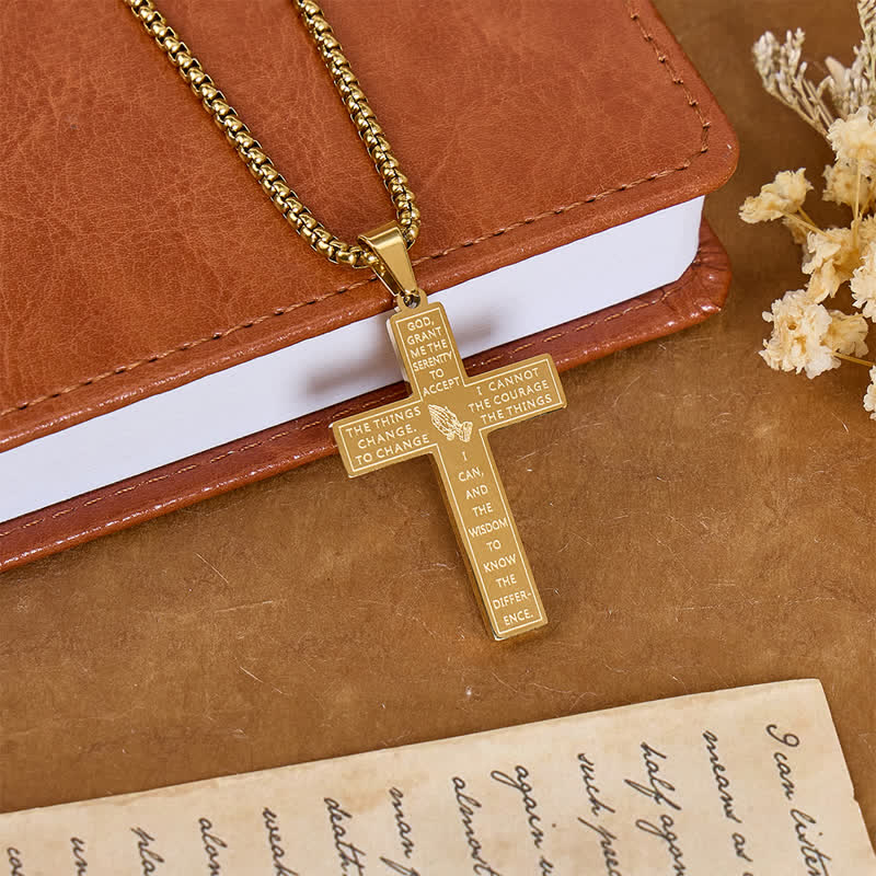 Engraved Praying Hands Serenity Prayer Cross Necklace: Token of Divine Shelter