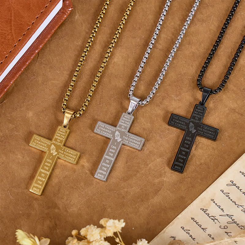 Engraved Praying Hands Serenity Prayer Cross Necklace: Token of Divine Shelter