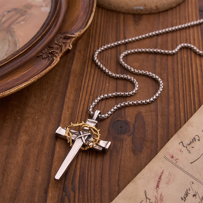 Textured Crown of Thorns Cross Necklace: Sign of Heavenly Blessings