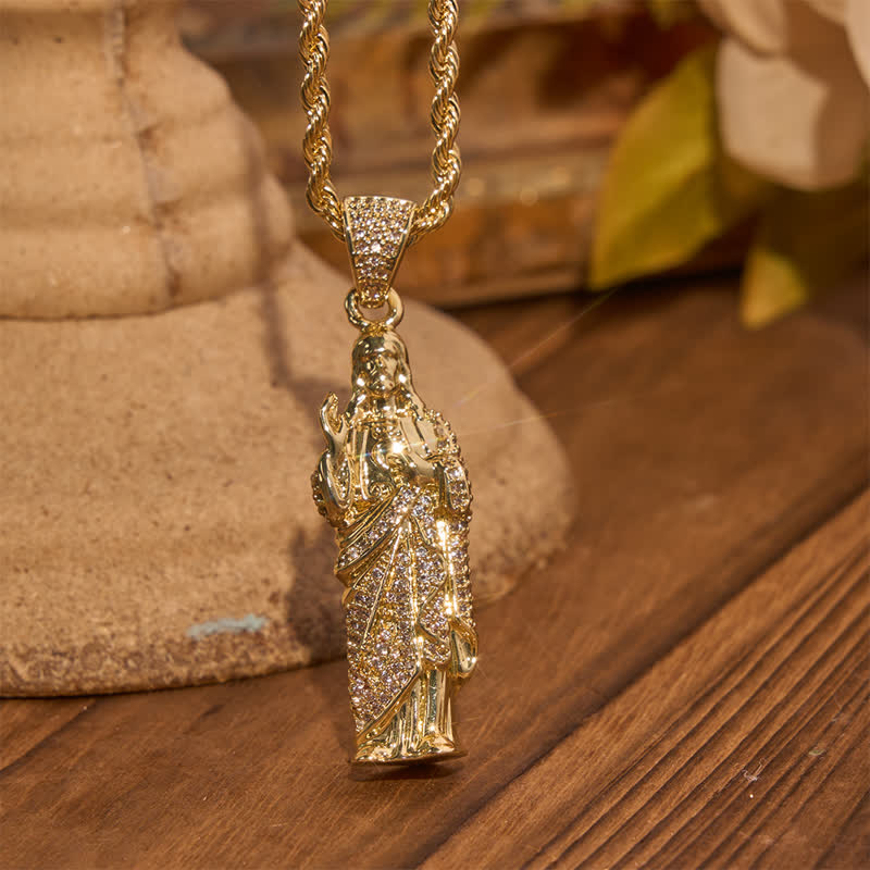 Sculpted Sacred Heart of Jesus Crystal Pendant Necklace: Token of Divine Shelter