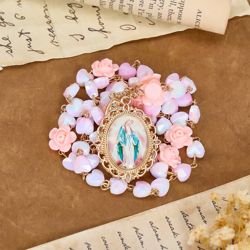 Soft Rose & Heart Bead Our Lady Rosary: Token of Divine Shelter