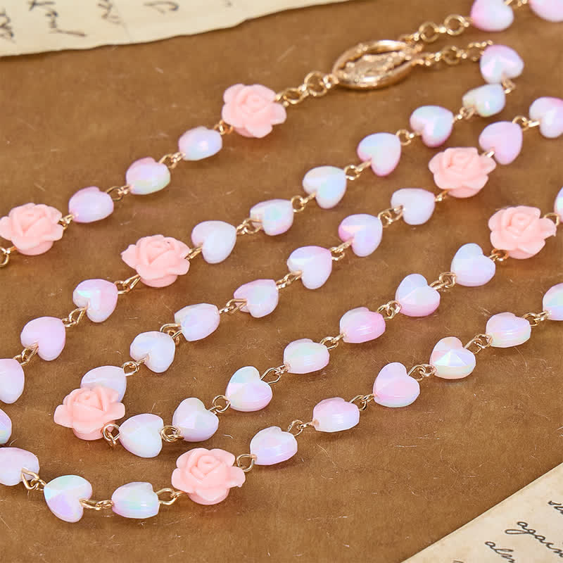 Soft Rose & Heart Bead Our Lady Rosary: Token of Divine Shelter