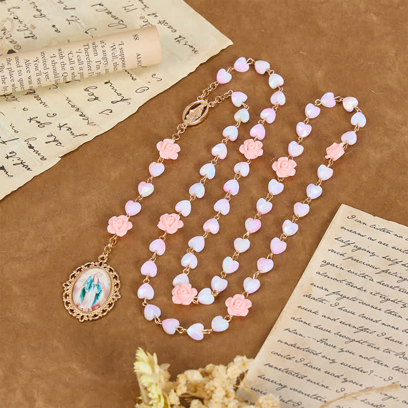 Soft Rose & Heart Bead Our Lady Rosary: Token of Divine Shelter