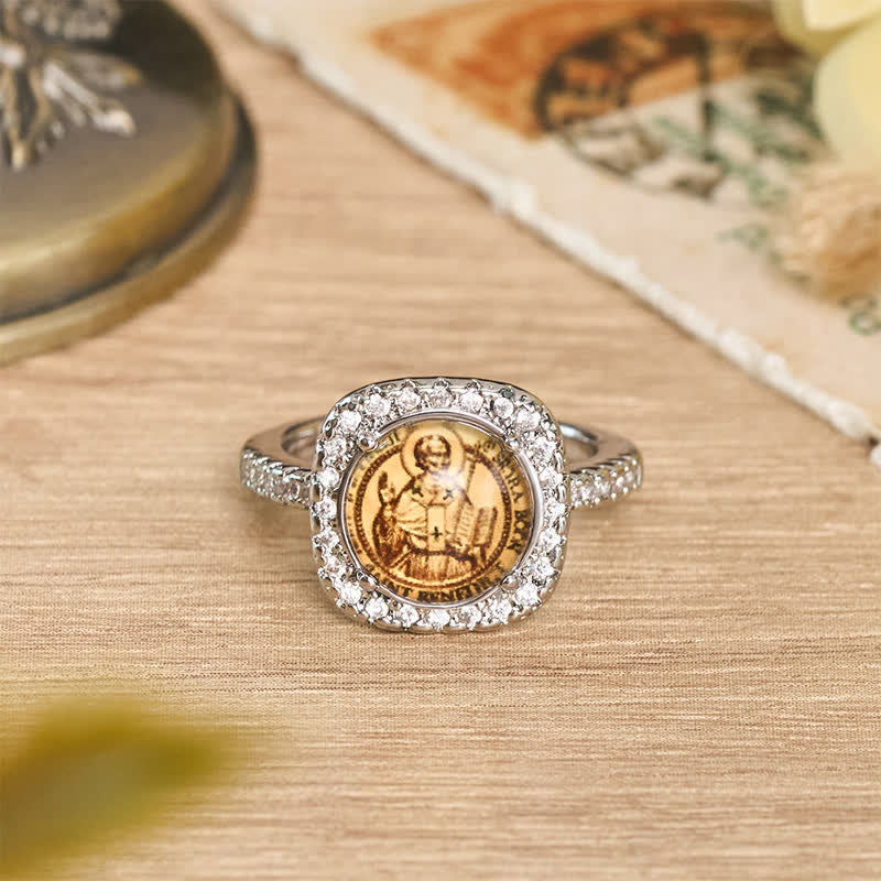 Elegant Square Bezel St. Benedict Ring: Sign Of Soft Timeless Sacred Solace