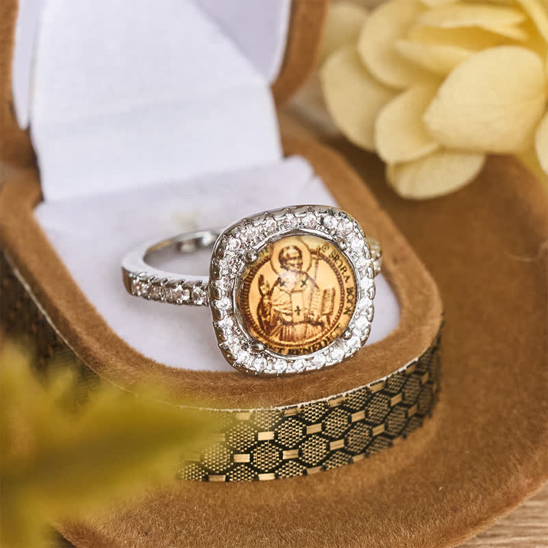 Elegant Square Bezel St. Benedict Ring: Sign Of Soft Timeless Sacred Solace