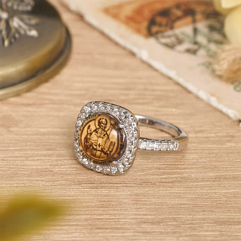 Elegant Square Bezel St. Benedict Ring: Sign Of Soft Timeless Sacred Solace