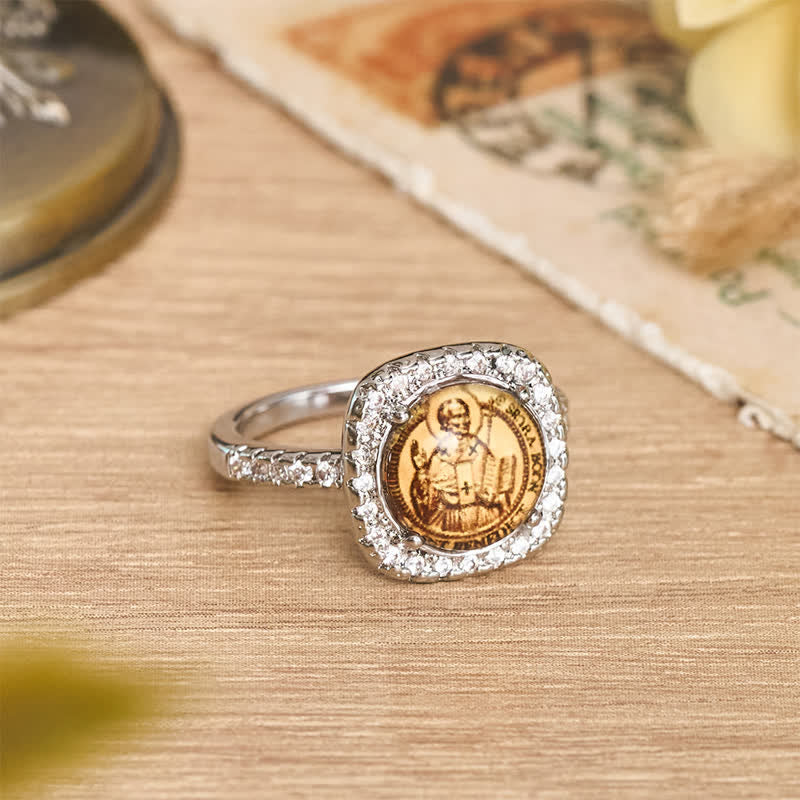 Elegant Square Bezel St. Benedict Ring: Sign Of Soft Timeless Sacred Solace