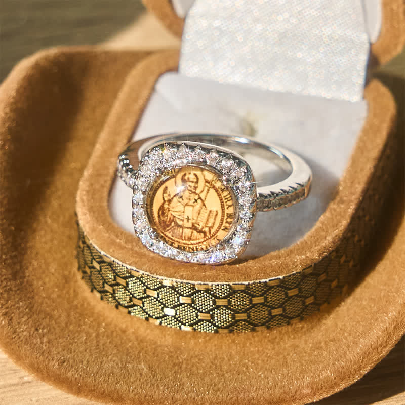 Elegant Square Bezel St. Benedict Ring: Sign Of Soft Timeless Sacred Solace