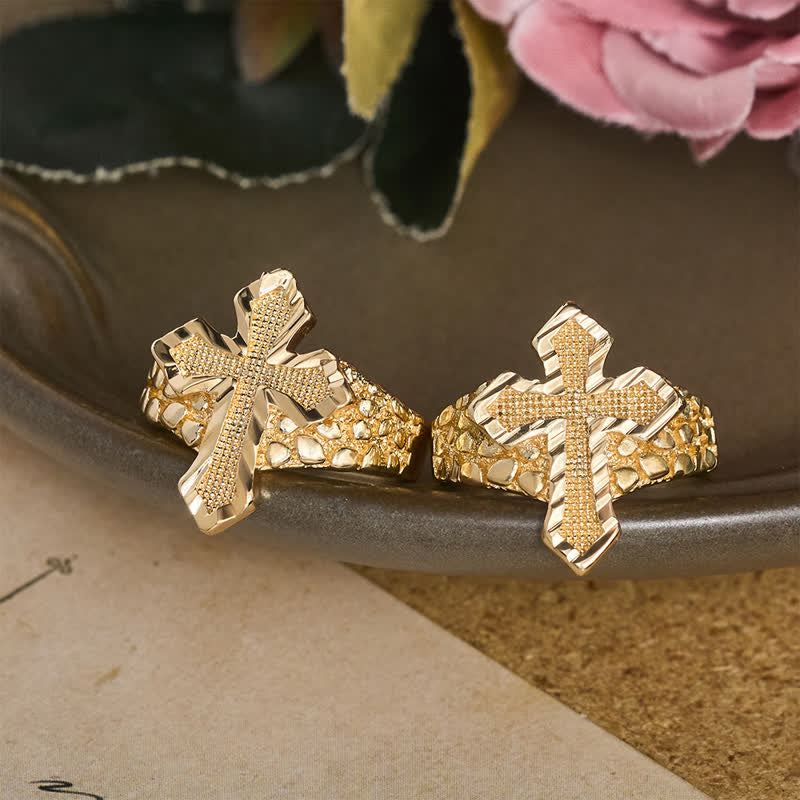 Raised Hammered Cross Stainless Steel Ring: Token of Divine Shelter