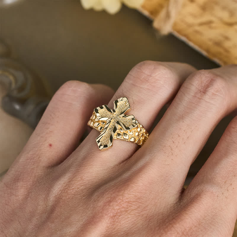 Raised Hammered Cross Stainless Steel Ring: Token of Divine Shelter