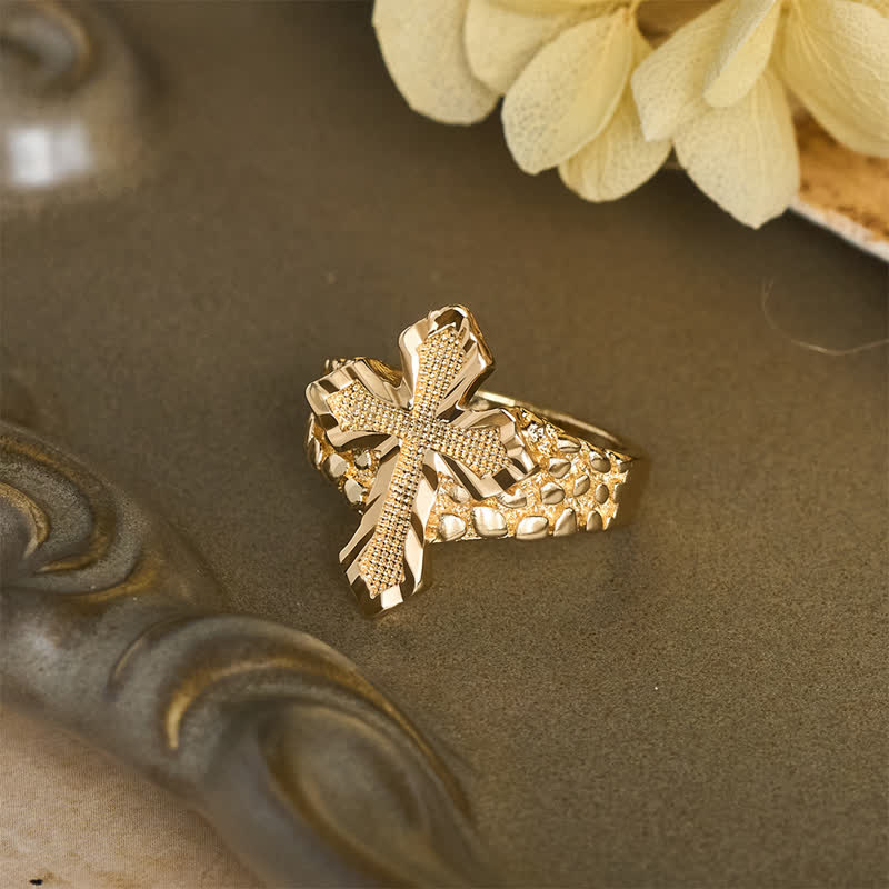 Raised Hammered Cross Stainless Steel Ring: Token of Divine Shelter