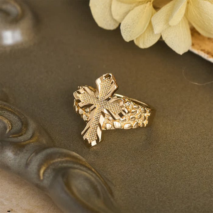 Raised Hammered Cross Stainless Steel Ring: Token of Divine Shelter