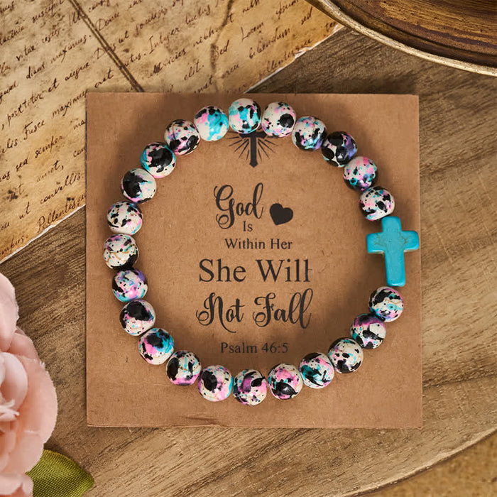 Inspirational Psalm 46:5 Cross Bracelet with Colorful Crackle Beads
