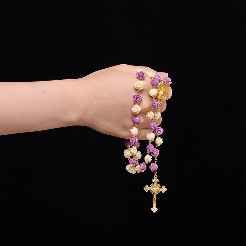 Cream Purple Rose Bead Our Lady & Jeweled Crucifix Rosary: Emblem of Gentle Heavenly Grace